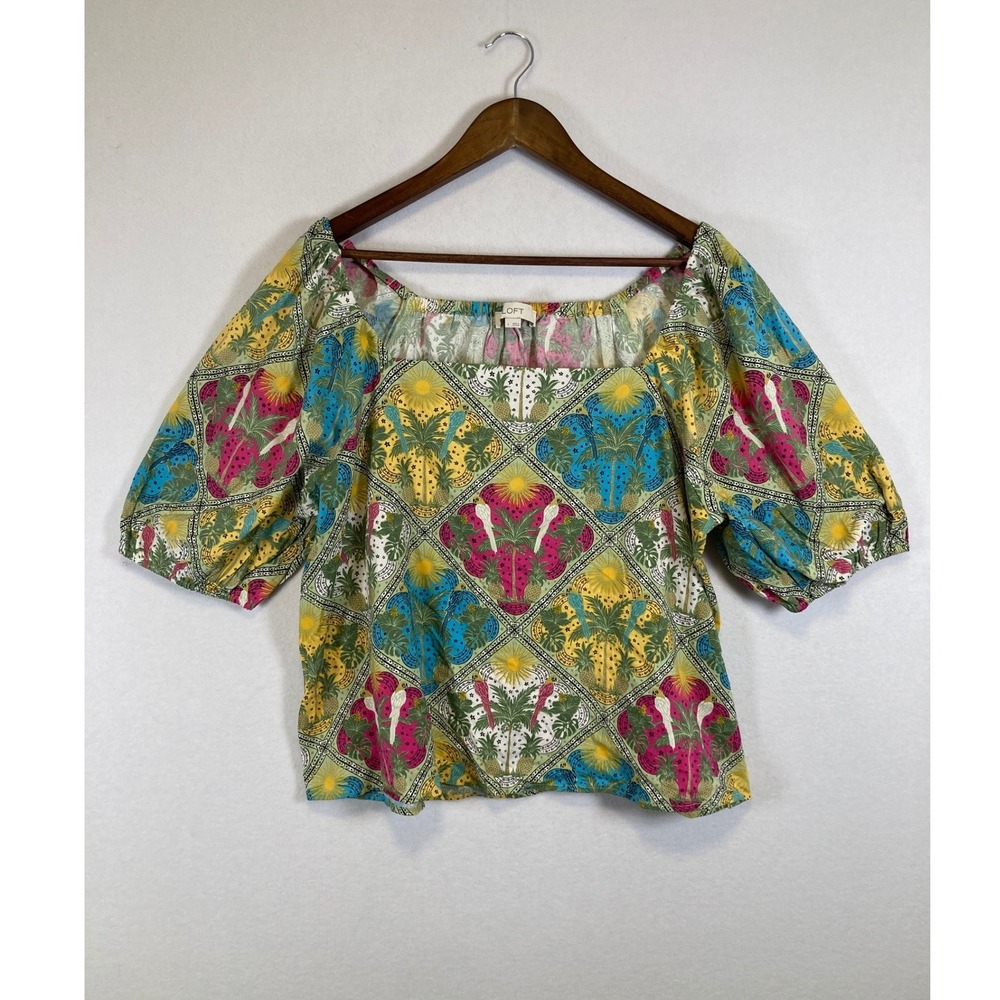 Tropical Boho LOFT Women Large Multicolor Square Neck Puff Sleeve Tile Print Top